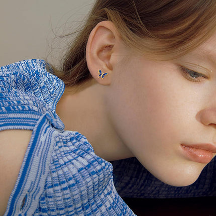 14K Gold Blue Enamel Butterfly Stud Earrings for Women