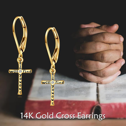 14K Gold Religious Cross Dangle Earrings - Christian Baptism Communion Gift for Women