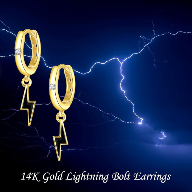 14K Gold Lightning Bolt Dangle Hoop Earrings for Women