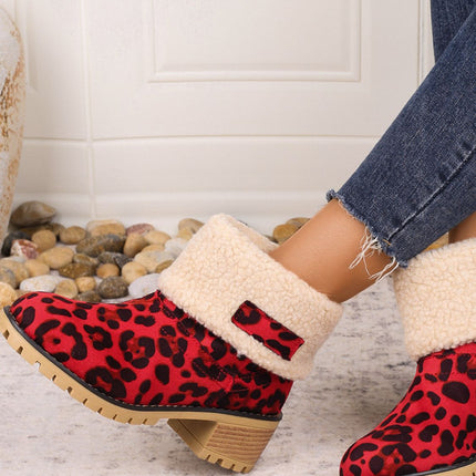 Leopard Block Heel Fuzzy Boots