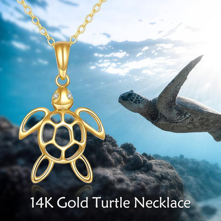 14K Gold Sea Turtle Charm Pendant Necklace for Women