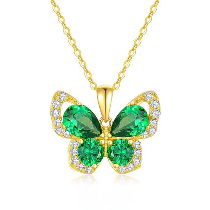 14K Gold Green Crystal Butterfly Pendant Necklace for Women - 28cm Chain Length