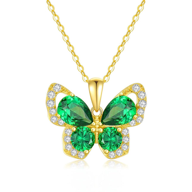 14K Gold Green Crystal Butterfly Pendant Necklace for Women - 28cm Chain Length