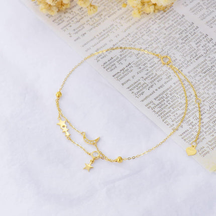 14K Gold Star & Moon Charm Ankle Anklet with Tassels - 8+2 Inches