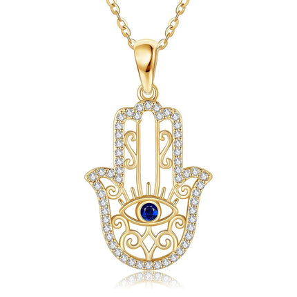 14K Gold Evil Eye Hamsa Pendant Necklace with Cubic Zirconia and Chain for Women