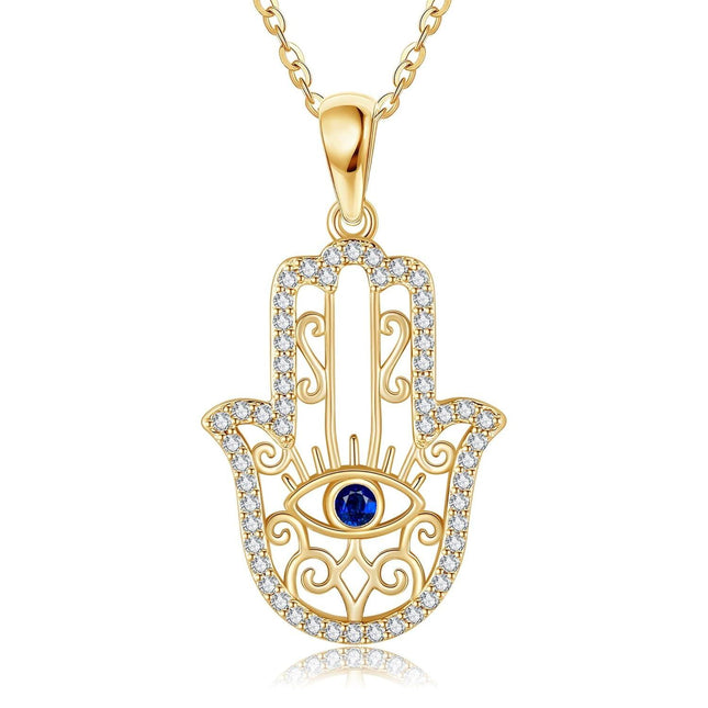 14K Gold Evil Eye Hamsa Pendant Necklace with Cubic Zirconia and Chain for Women