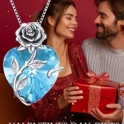 925 Sterling Silver Crystal Rose Flower Heart Pendant Necklace