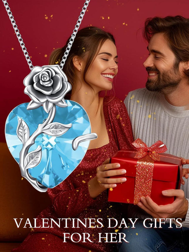 925 Sterling Silver Crystal Rose Flower Heart Pendant Necklace