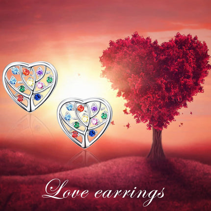 925 Sterling Silver Multicolor CZ Heart Tree of Life Stud Earrings for Women