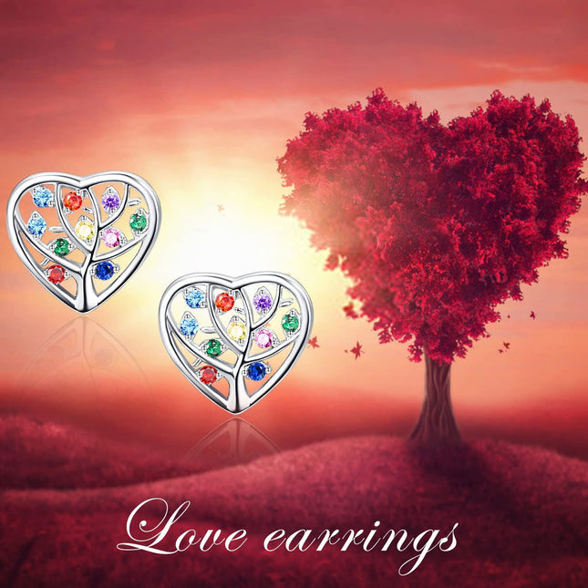 925 Sterling Silver Multicolor CZ Heart Tree of Life Stud Earrings for Women