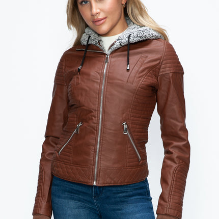 YMI Faux Layered Double-Zipper Jacket with Fuzzy Hood