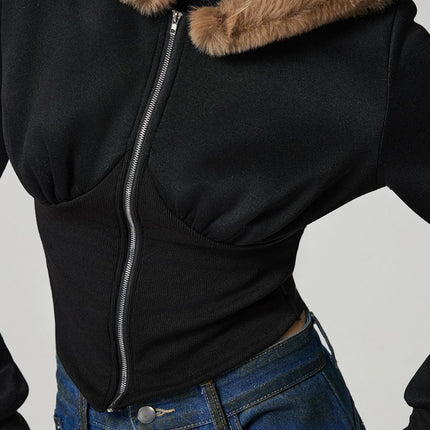 Zip Up Long Sleeve Fuzzy Hem Hooded Jacket