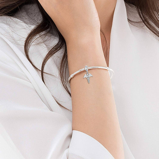S925 Sterling Silver & Austria Clear White Crystal Caduceus Charm Bracelet for Medical Professionals, Nurses, Doctors - Hypoallergenic, Lead & Nickel Free Jewelry Gift (12mm)