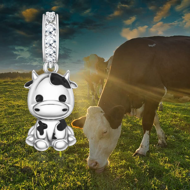 925 Sterling Silver Cow Pendant Charm with Cubic Zirconia Accents for Bracelet Necklace Crafting Supplies Jewelry Making DIY Gifts 38x7mm