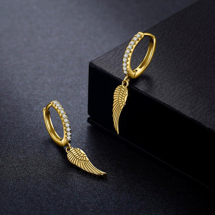 Gold 925 Sterling Silver Angel Wing Feather Cross Dangle Drop Earrings for Women Men 925 Fine Jewelry Minimalist Gift Idea