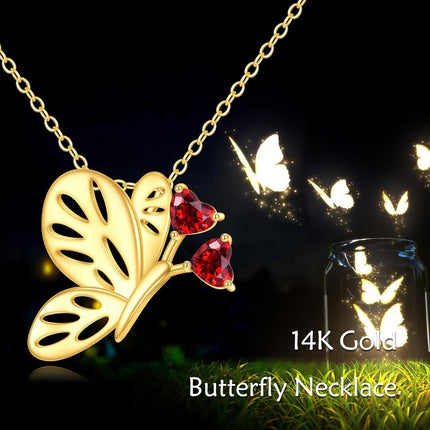 14K Gold Red Crystal Butterfly Pendant Necklace for Women