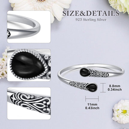 925 Sterling Silver Black Onyx Gemstone Adjustable Bohemian Cuff Bracelet