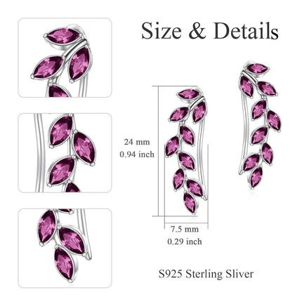925 Sterling Silver Pink Austrian Crystal Leaf Ear Climber Hypoallergenic Earrings