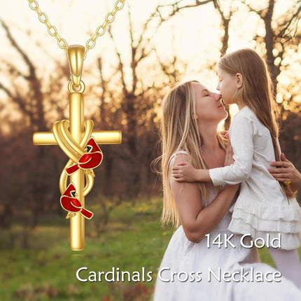 14K Gold Cross with Red Birds and Knot Design Pendant Necklace for Women Gifts
