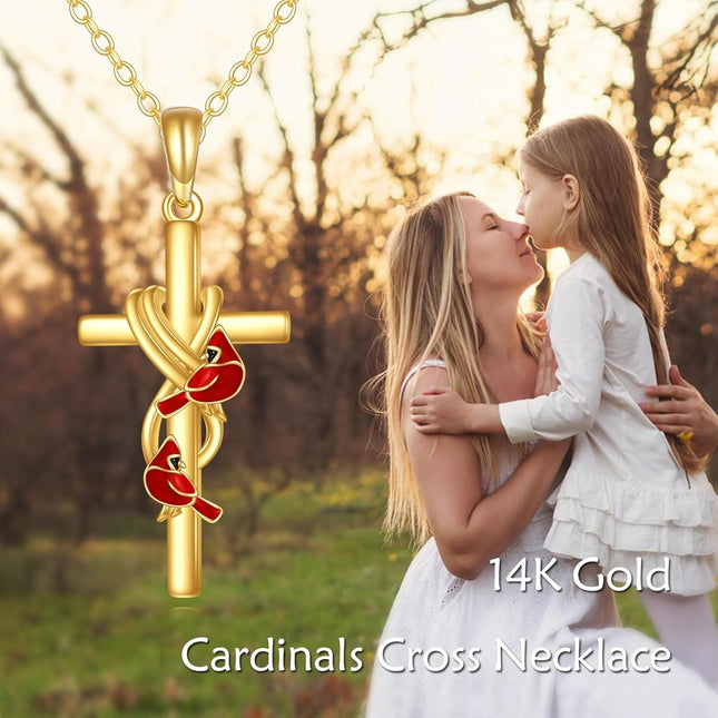 14K Gold Cross with Red Birds and Knot Design Pendant Necklace for Women Gifts