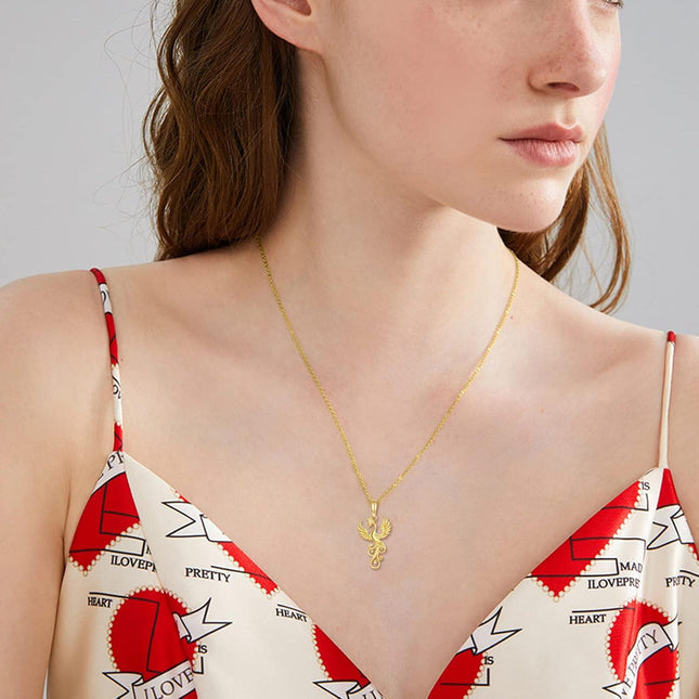 14K Gold Phoenix Pendant Necklace with Gemstone for Women