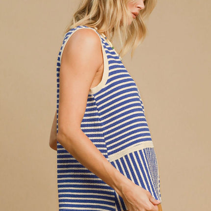 Umgee Round Neck Texture Striped Tank