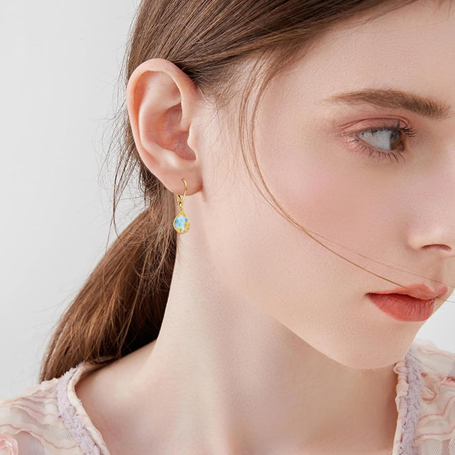 14K Gold Teardrop Larimar Leverback Earrings for Women's Fashion s