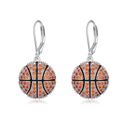 925 Sterling Silver Basketball Dangle Earrings with Orange Crystal Accents for Sport Lovers Gift