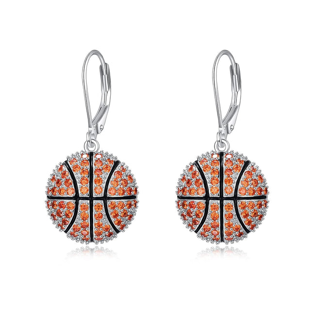 925 Sterling Silver Basketball Dangle Earrings with Orange Crystal Accents for Sport Lovers Gift