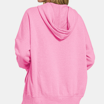 Zenana Half Snap Long Sleeve Hoodie with Kangaroo Pocket