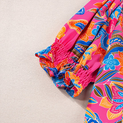 Peplum Printed Notched Short Sleeve Blouse