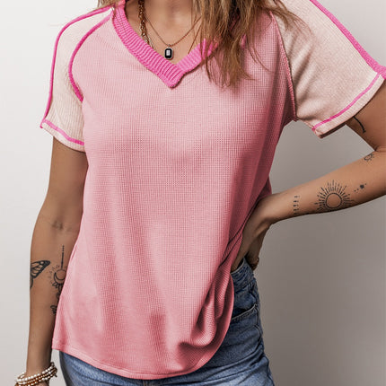 Color Block V-Neck Short Sleeve T-Shirt