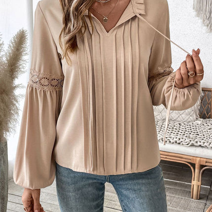 Perfee Frill Tie Neck Long Sleeve Blouse