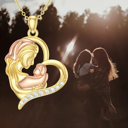 14K Gold Mother and Child Pendant Necklace with Cubic Zirconia - Gift for Mom/Wife/Grandma (18 Inches)