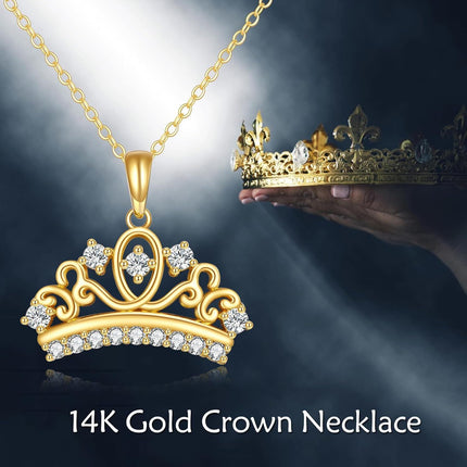 14K Gold Crystal Tiara Crown Pendant Necklace for Women's s