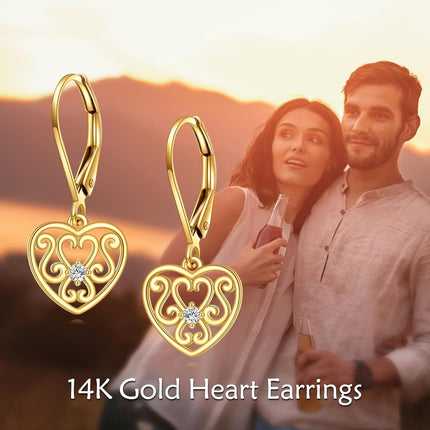 14K Gold Filigree Heart Shape Dangle Drop Leverback Earrings for Women