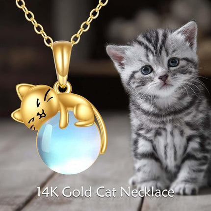 14K Gold Moonstone Cat Necklace - Adorable Kitty Pendant with 16 Chain for Happiness & Joy