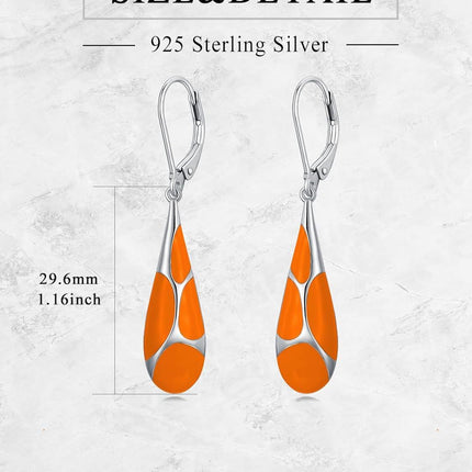 925 Sterling Silver Orange Enamel Teardrop Leverback Earrings for Women