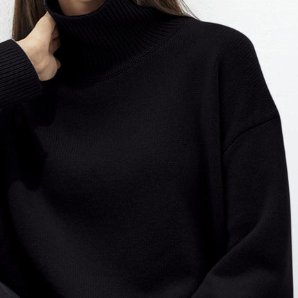 Ribbed Detail Turtleneck Dropped Shoulder Sweater