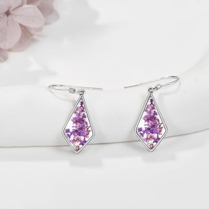 925 Sterling Silver Purple Floral Cubic Zirconia-Shaped Drop Earrings