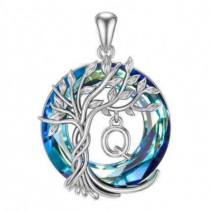925 Sterling Silver Blue Crystal Tree of Life Initial Necklace Family Letter Pendant Birthday Mother s Day Gifts for Her