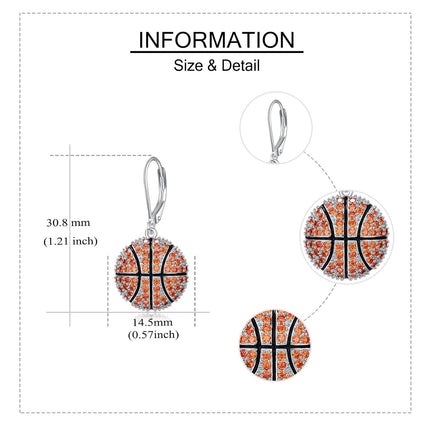 925 Sterling Silver Basketball Dangle Earrings with Orange Crystal Accents for Sport Lovers Gift