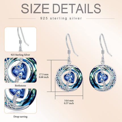 925 Sterling Silver Purple Heart & Blue Swarovski Crystals Round Drop Earrings for Women