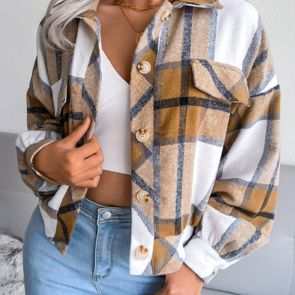 Plaid Collared Neck Long Sleeve Jacket