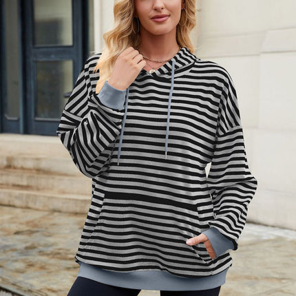 Drawstring Contrast Striped Long Sleeve Hoodie