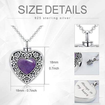 925 Sterling Silver Purple Amethyst Heart Cremation Urn Pendant Necklace with Funnel and Fill Tool - Memorial Keepsake Jewelry