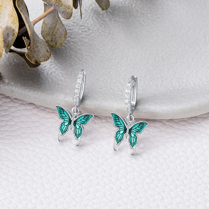 925 Sterling Silver Green Enamel Butterfly Drop Huggie Hoop Earrings for Women - 6 Styles