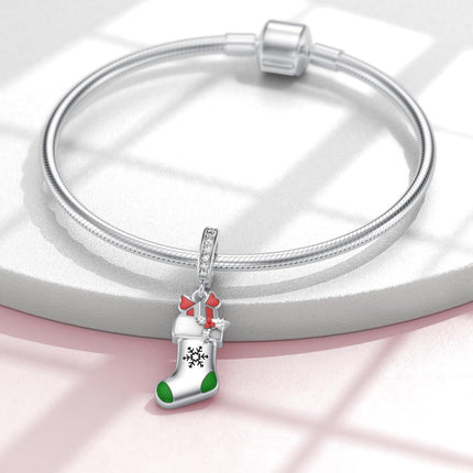 925 Sterling Silver Christmas Stocking Charm Bracelet with Enamel and Crystal Accents - Holiday Gifts for Women & Teenage Girls