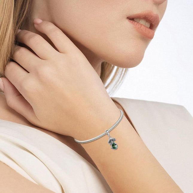 925 Sterling Silver Green Turquoise Stone Mushroom Pendant Charm Bracelet for Women Mom Gift