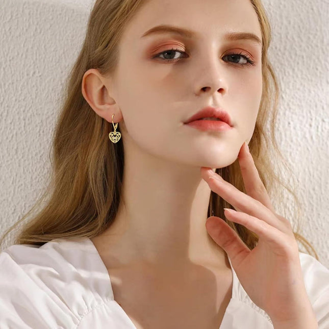 14K Gold Filigree Heart Shape Dangle Drop Leverback Earrings for Women